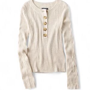 American Eagle Cream Ribbed Long Sleeve Button Down Henley Sweater. L.